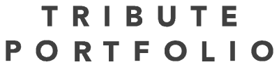 The image shows the text "TRIBUTE PORTFOLIO" in spaced, uppercase letters against a dark background. logo on footer section.