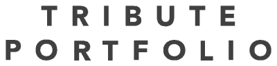 The image shows a two-line typography logo reading &ldquo;TRIBUTE&rdquo; above &ldquo;PORTFOLIO,&rdquo; in spaced-out white letters. logo on footer section.