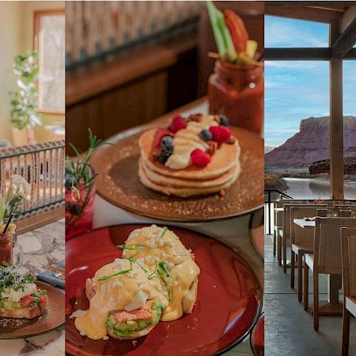 An elegant Mother&rsquo;s Day brunch menu ad with photos of plated food, drinks, and a cozy restaurant interior.