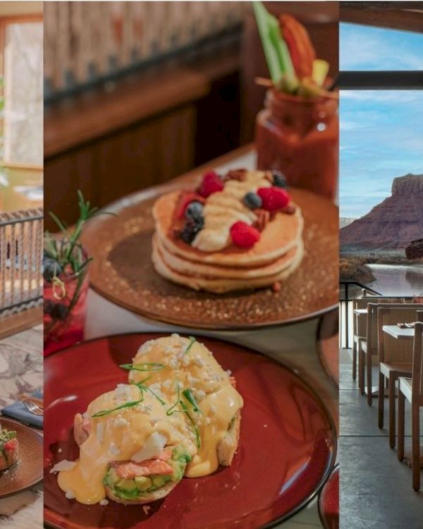 A bright restaurant collage showing plated meals, a fruit-topped dessert, and a dining area by large windows overlooking a canyon view.