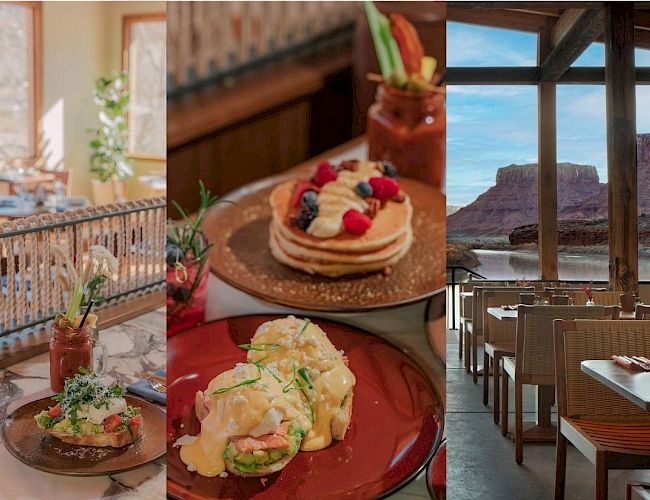 An elegant Mother&rsquo;s Day brunch menu ad with photos of plated food, drinks, and a cozy restaurant interior.