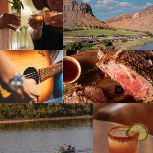 A travel collage of margaritas and cocktails, a guitar performance, a steak dinner, canyon views, and kayaking on a river.
