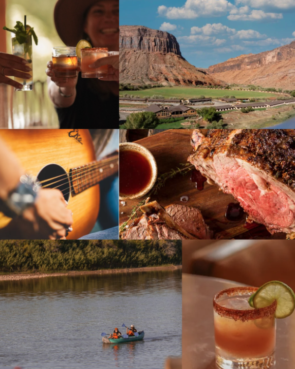 A travel collage of margaritas and cocktails, a guitar performance, a steak dinner, canyon views, and kayaking on a river.