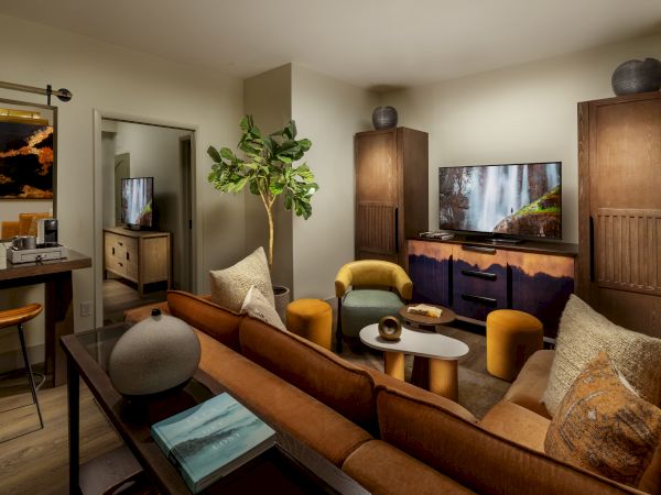 A cozy living room with a sofa, chairs, TV, plants, and art on the walls. Warm lighting creates an inviting atmosphere.