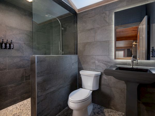 A modern bathroom with a glass shower, wall tiles, a white toilet, and a dark vanity with a mirror; sleek and moody.