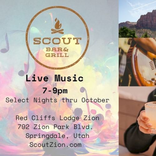 A collage advertising Scout Bar & Grill: left panel with event details, top-left logo; right panels show musicians playing and drinks clinking, promoting live music in Utah.