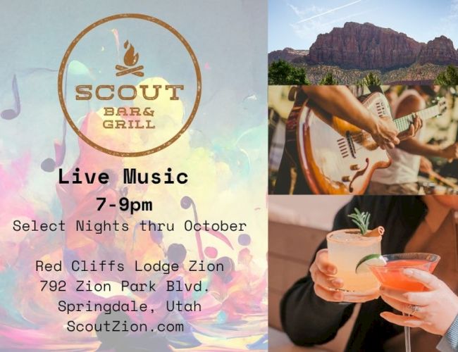 A collage advertising Scout Bar & Grill: left panel with event details, top-left logo; right panels show musicians playing and drinks clinking, promoting live music in Utah.