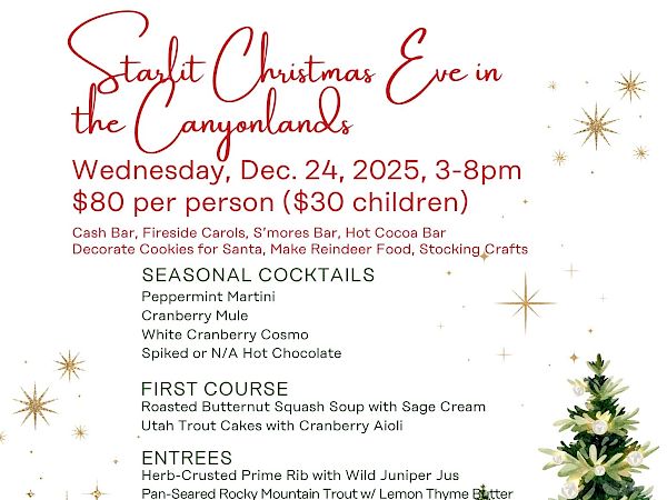 A Christmas Eve event menu featuring cocktails, first courses, entrees, sides, and dessert. Event on Dec. 24, 2025, from 3-8pm.